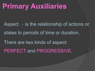 Primary Auxiliaries Aspect     is the relationship of actions or states to periods of time or duration.There are two kinds of aspect: PERFECTand PROGRESSIVE.