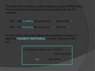 The other kind of aspect is called progressive aspect (PROG) and this is indicated by the presence of the auxiliary verb be. Forexample:(18a)   Sallyis walkingalong the beach.(present tense)(18b)   Suewas givingthe dog a bone.( past tense)The form of the verb which follows the progressive auxiliary is called the PRESENTPARTICIPLE . It is the – ing form of the verb.3. Progressive aspect:  be + -ing form (present participle)             e.g.              was  giving
