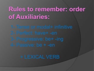 Rules to remember: order of Auxiliaries:1- Tense or modal+ infinitive2- Perfect: have+ -en3- Progressive: be+ -ing4- Passive: be + -en       + LEXICAL VERB