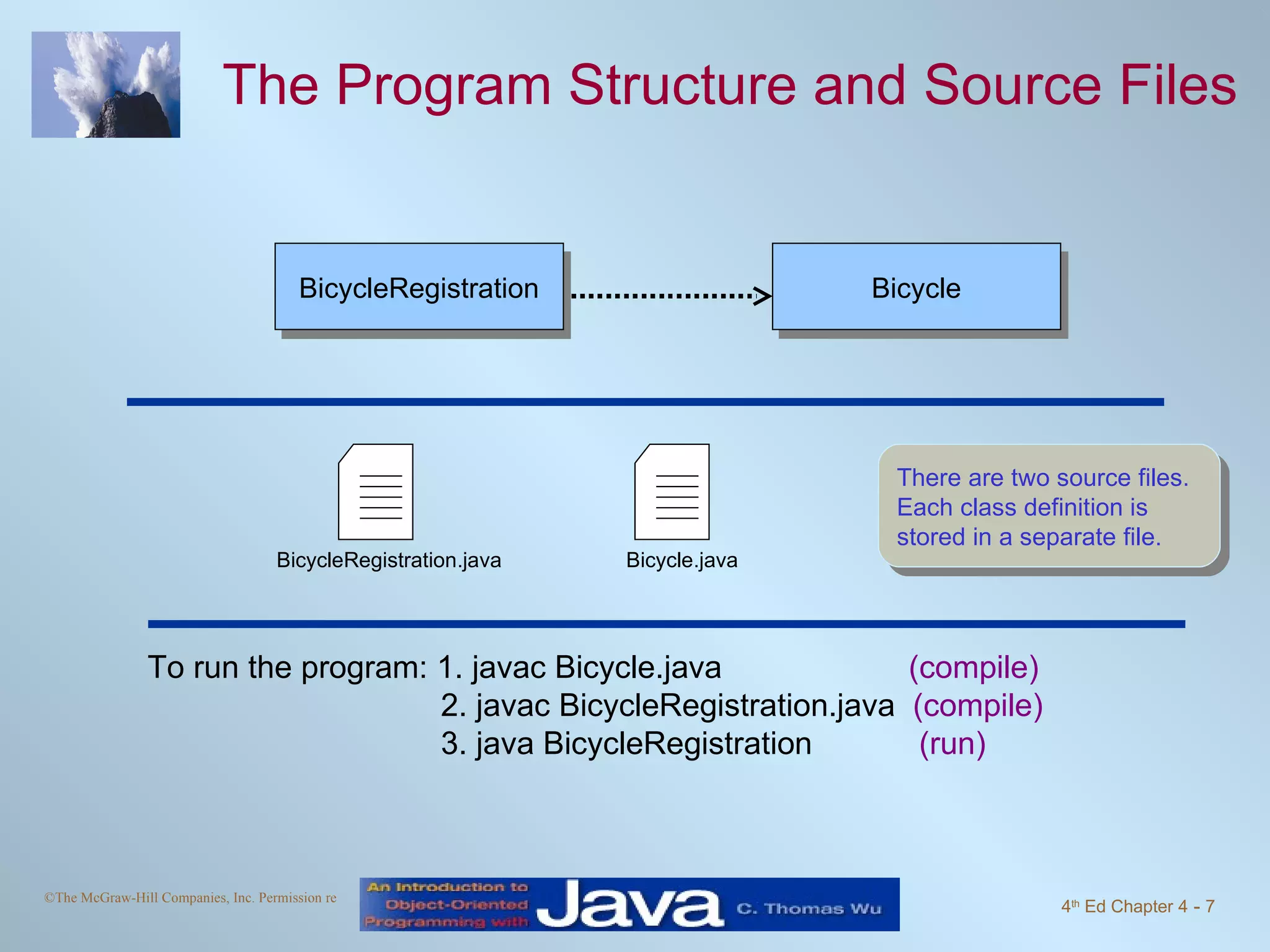 The Program Structure and Source Files There are two source files. Each class definition is stored in a separate file. To run the program: 1. javac Bicycle.java  (compile) 2. javac BicycleRegistration.java  (compile) 3. java BicycleRegistration  (run) BicycleRegistration Bicycle BicycleRegistration.java Bicycle.java 