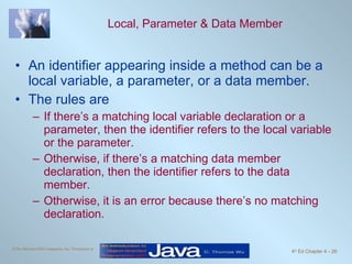 Local, Parameter & Data Member An identifier appearing inside a method can be a local variable, a parameter, or a data member. The rules are If there’s a matching local variable declaration or a parameter, then the identifier refers to the local variable or the parameter. Otherwise, if there’s a matching data member declaration, then the identifier refers to the data member. Otherwise, it is an error because there’s no matching declaration. 