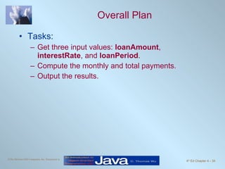 Overall Plan Tasks: Get three input values:  loanAmount ,  interestRate , and  loanPeriod . Compute the monthly and total payments. Output the results. 