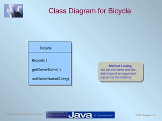 Class Diagram for Bicycle Method Listing We list the name and the data type of an argument passed to the method. Bicycle setOwnerName(String) Bicycle( ) getOwnerName( ) 