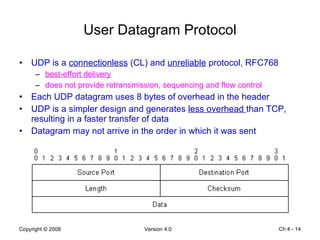 User Datagram Protocol UDP is a  connectionless  (CL) and  unreliable  protocol, RFC768 best-effort delivery does not provide retransmission, sequencing and flow control Each UDP datagram uses 8 bytes of overhead in the header UDP is a simpler design and generates  less overhead  than TCP, resulting in a faster transfer of data Datagram may not arrive in the order in which it was sent Ch 4 -  