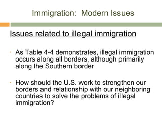 Immigration:  Modern Issues Issues related to illegal immigration As Table 4-4 demonstrates, illegal immigration occurs along all borders, although primarily along the Southern border How should the U.S. work to strengthen our borders and relationship with our neighboring countries to solve the problems of illegal immigration?  