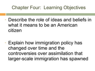 Chapter Four:  Learning Objectives Describe the role of ideas and beliefs in what it means to be an American citizen Explain how immigration policy has changed over time and the controversies over assimilation that larger-scale immigration has spawned 