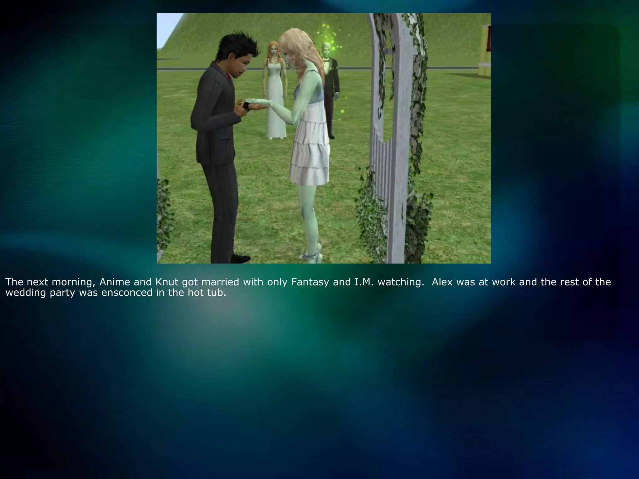 The next morning, Anime and Knut got married with only Fantasy and I.M. watching.  Alex was at work and the rest of the wedding party was ensconced in the hot tub.