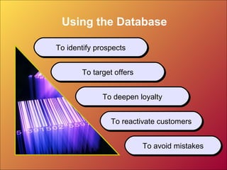 Using the Database
To identify prospectsTo identify prospects
To target offersTo target offers
To deepen loyaltyTo deepen loyalty
To reactivate customersTo reactivate customers
To avoid mistakesTo avoid mistakes
 