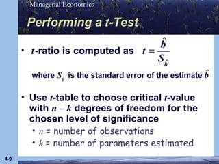 Performing a  t -Test Use  t -table to choose critical  t -value with  n – k  degrees of freedom for the chosen level of significance n  = number of observations k  = number of parameters estimated 4- • 