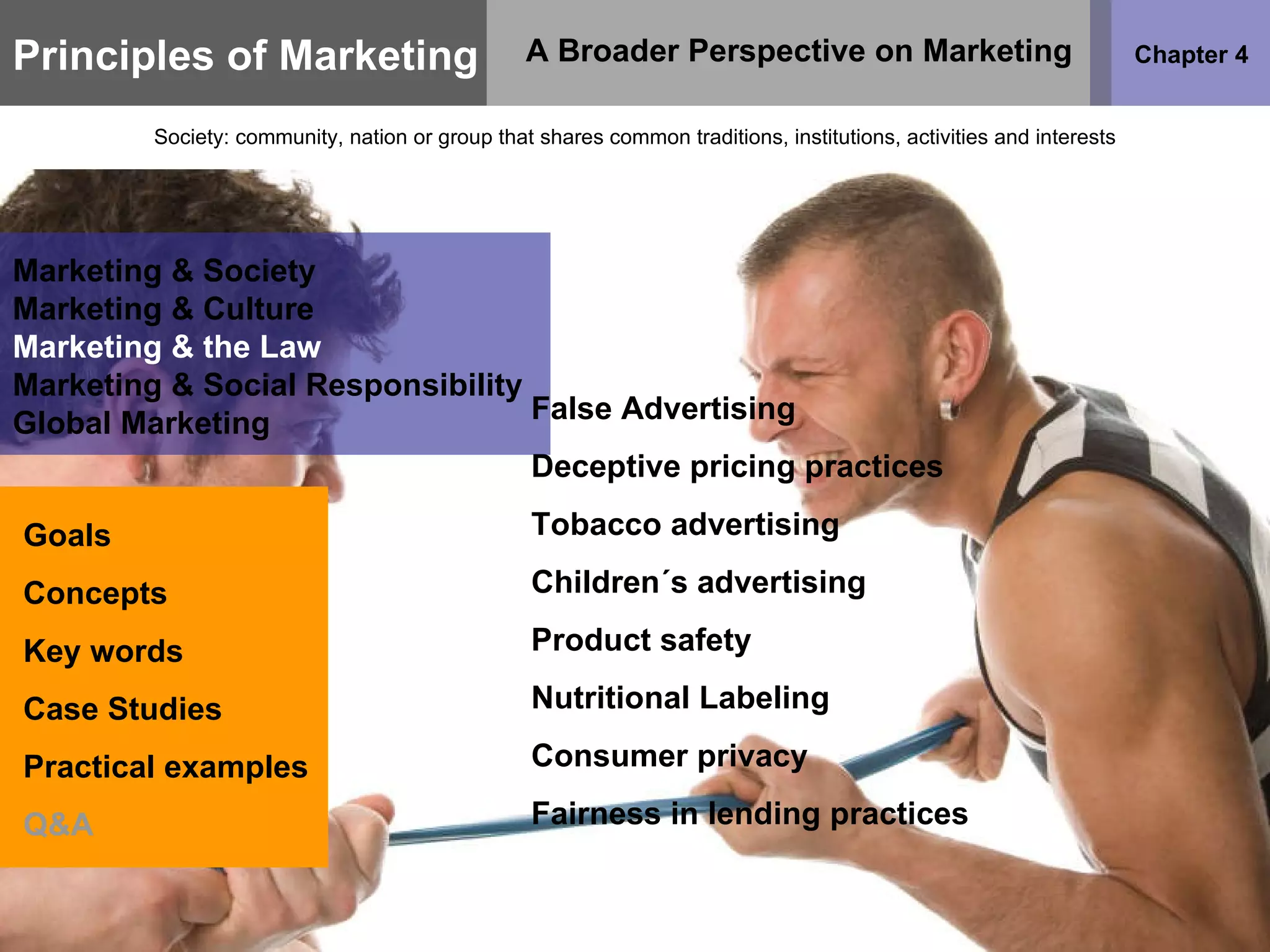 Principles of Marketing Chapter 4 A Broader Perspective on Marketing Society: community, nation or group that shares common traditions, institutions, activities and interests Goals Concepts Key words Case Studies Practical examples Q&A Marketing & Society Marketing & Culture Marketing & the Law Marketing & Social Responsibility Global Marketing False Advertising Deceptive pricing practices Tobacco advertising Children´s advertising Product safety Nutritional Labeling Consumer privacy Fairness in lending practices 