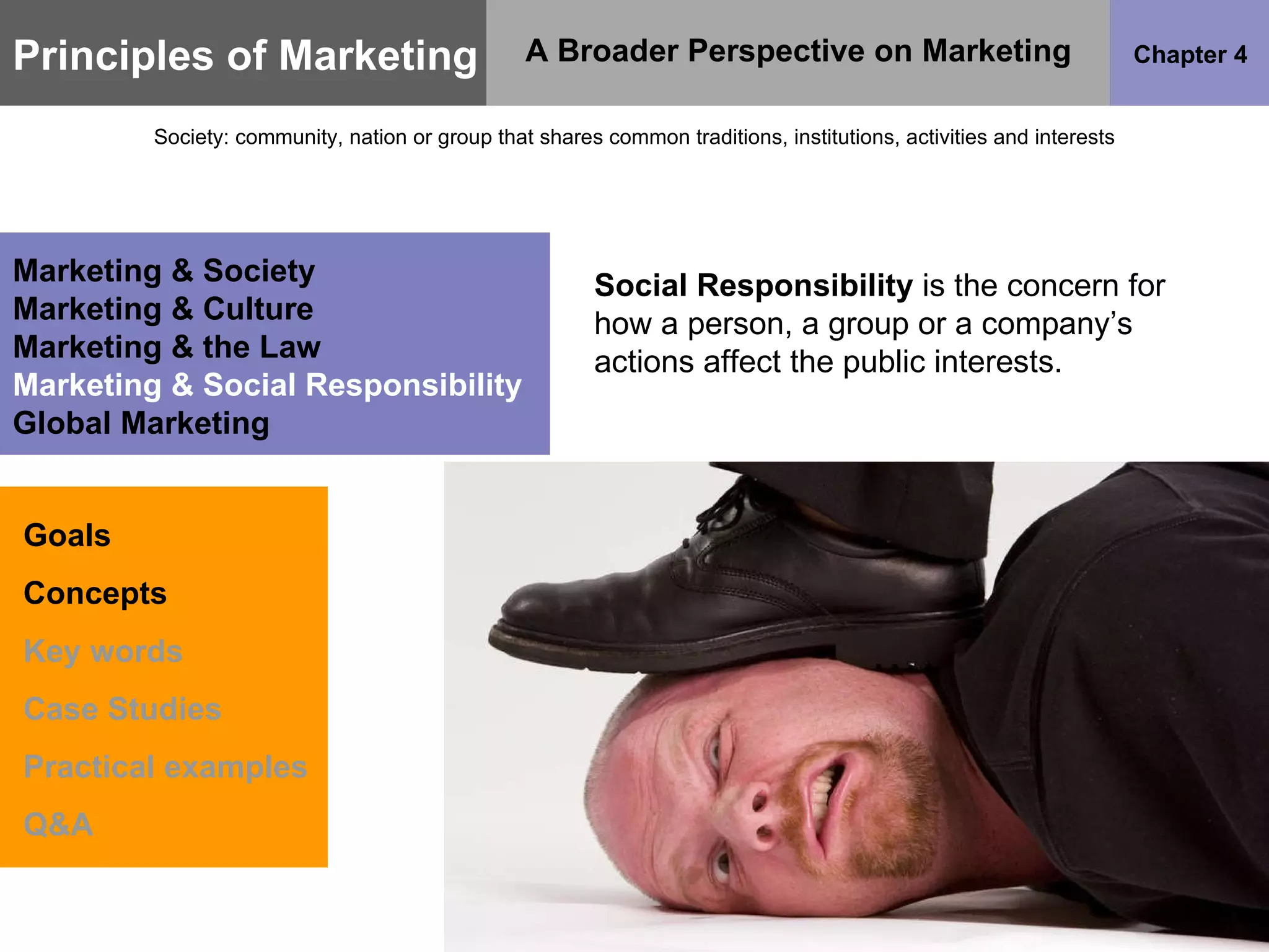 Principles of Marketing Chapter 4 A Broader Perspective on Marketing Society: community, nation or group that shares common traditions, institutions, activities and interests Goals Concepts Key words Case Studies Practical examples Q&A Marketing & Society Marketing & Culture Marketing & the Law Marketing & Social Responsibility Global Marketing Social Responsibility  is the concern for how a person, a group or a company’s actions affect the public interests. 