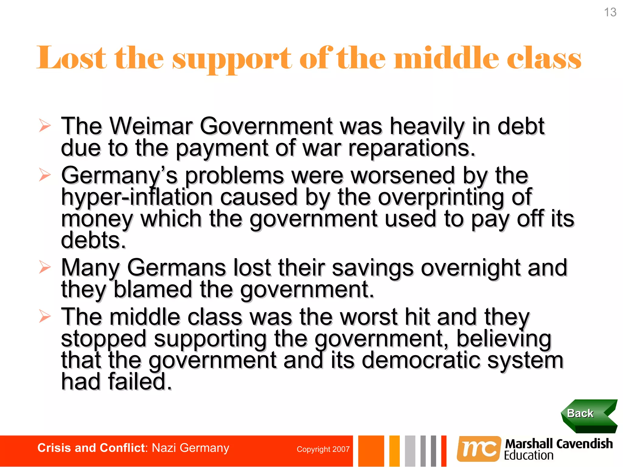 Lost the support of the middle class The Weimar Government was heavily in debt due to the payment of war reparations. Germany’s problems were worsened by the hyper-inflation caused by the overprinting of money which the government used to pay off its debts.  Many Germans lost their savings overnight and they blamed the government. The middle class was the worst hit and they stopped supporting the government, believing that the government and its democratic system had failed. Back 