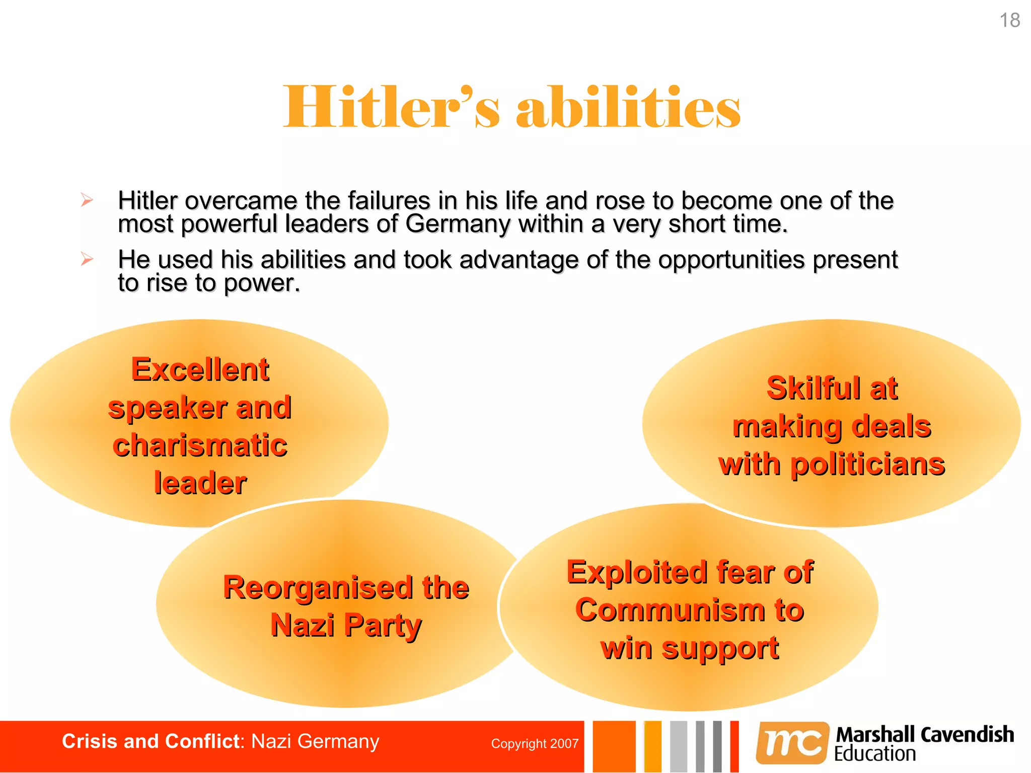 Hitler’s abilities Hitler overcame the failures in his life and rose to become one of the most powerful leaders of Germany within a very short time. He used his abilities and took advantage of the opportunities present to rise to power. Excellent speaker and charismatic leader Reorganised the Nazi Party Exploited fear of Communism to win support Skilful at making deals with politicians 