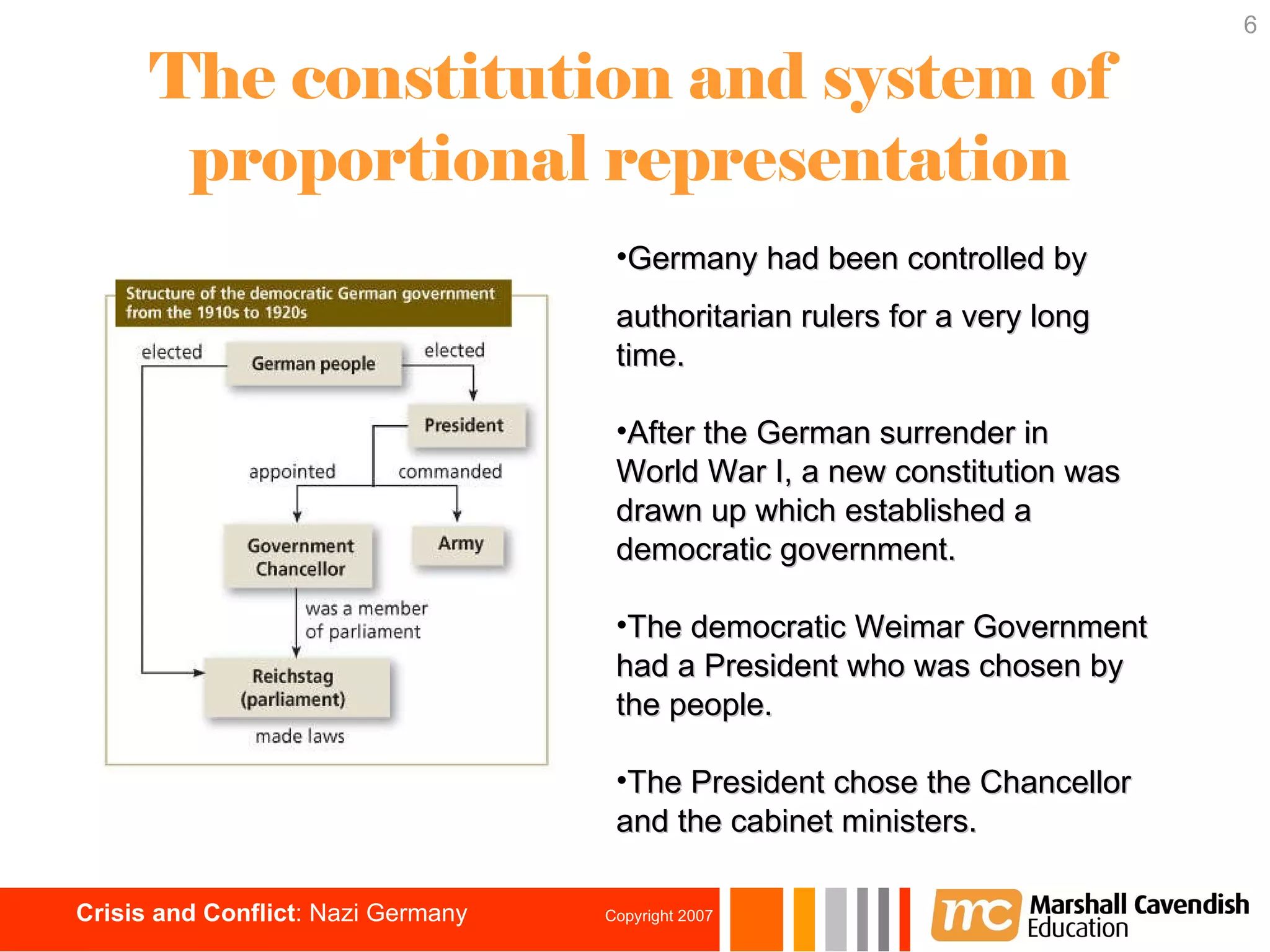 The constitution and system of proportional representation Germany had been controlled by  authoritarian rulers for a very long time. After the German surrender in World War I, a new constitution was  drawn up which established a  democratic government. The democratic Weimar Government  had a President who was chosen by  the people. The President chose the Chancellor  and the cabinet ministers. 