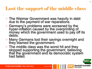 Lost the support of the middle class The Weimar Government was heavily in debt due to the payment of war reparations. Germany’s problems were worsened by the hyper-inflation caused by the overprinting of money which the government used to pay off its debts.  Many Germans lost their savings overnight and they blamed the government. The middle class was the worst hit and they stopped supporting the government, believing that the government and its democratic system had failed. Back 