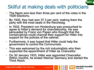 The Nazis won less than three per cent of the votes in the 1928 Elections. By 1930, they had won 37.3 per cent, making them the party with the most seats in the Reichstag. In 1932, President von Hindenburg was pressurised to agree to Hitler’s demand for chancellorship. He was persuaded by Franz von Papen who thought that the conservatives could channel their support for Hitler into support for the policies of the cabinet. Furthermore, it was hoped that Hitler could help the government to control the Communists. This was welcomed by the rich industrialists who then supported the appointment of Hitler as Chancellor. On 30 January 1933, Hitler was appointed Chancellor. Within months, he ended Weimar Germany and started the Third  Reich . Skilful at making deals with politicians Back 