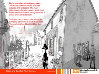 Nazi-controlled education system: The Nazis had total control over the subjects and textbooks. The main objective of education was to teach Nazi ideas and to instill in all young Germans a sense of loyalty to Nazism.  Teachers had to attend special training camps to learn how to teach Nazi ideas. Those who refused to attend lost their jobs.   