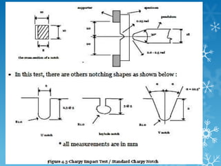  The higher over swing of the pendulum after the impact, are the lower the toughness degree of the material, the value of the energy absorb are higher and the specimen are break easily. 