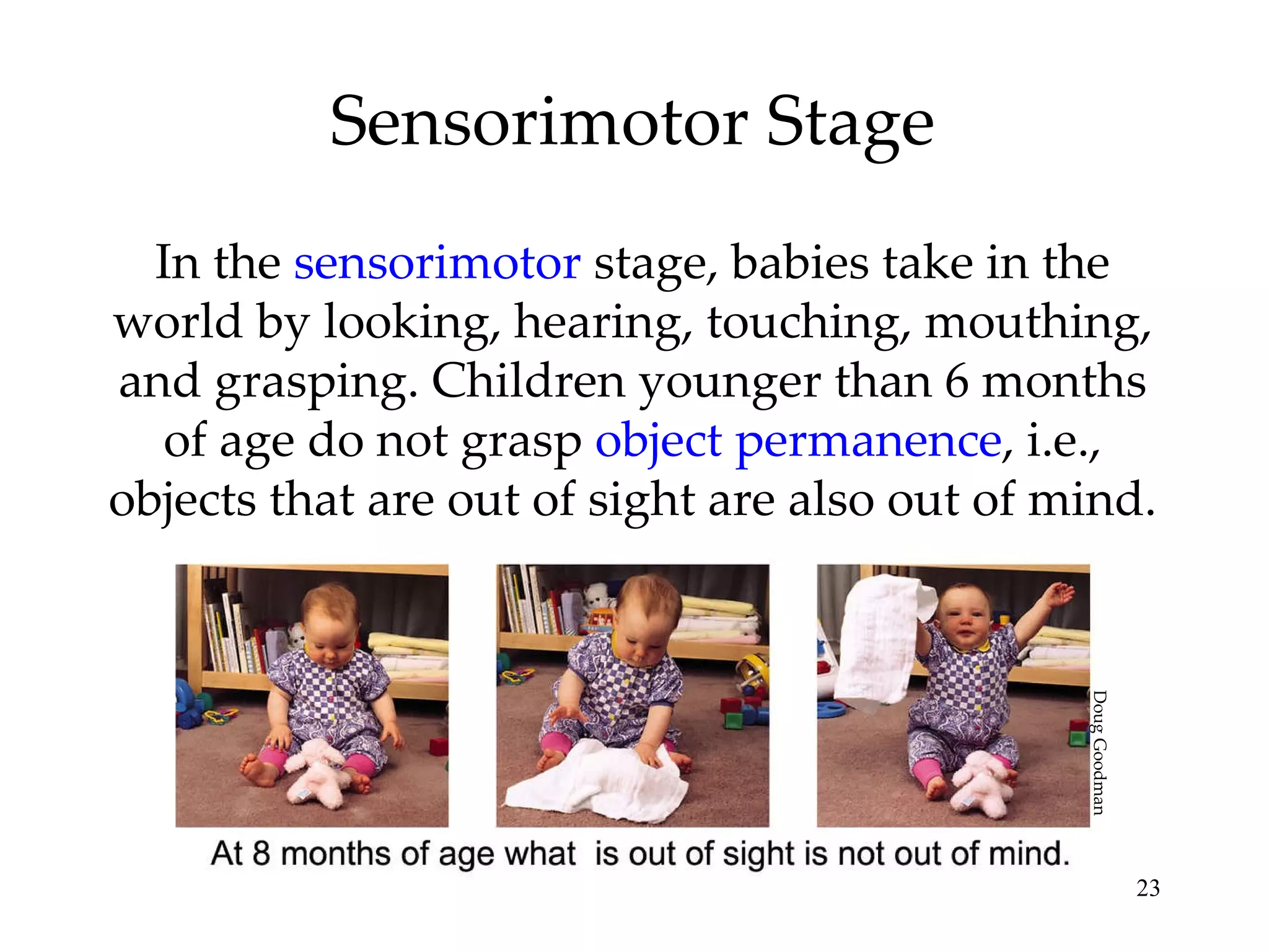 Sensorimotor Stage In the  sensorimotor  stage, babies take in the world by looking, hearing, touching, mouthing, and grasping. Children younger than 6 months of age do not grasp  object permanence , i.e., objects that are out of sight are also out of mind. Doug Goodman 
