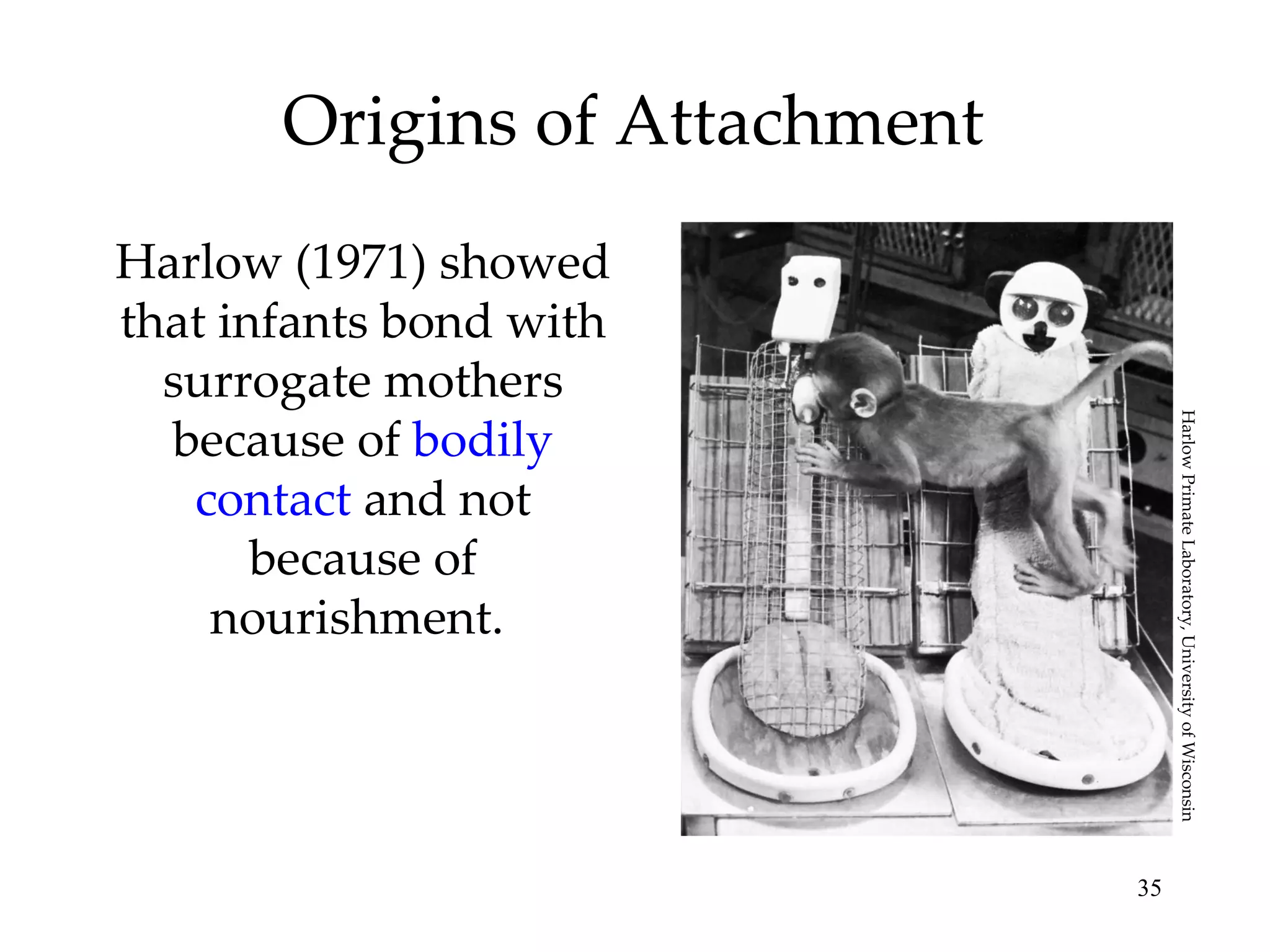 Origins of Attachment Harlow (1971) showed that infants bond with surrogate mothers because of  bodily contact  and not because of nourishment.  Harlow Primate Laboratory, University of Wisconsin 