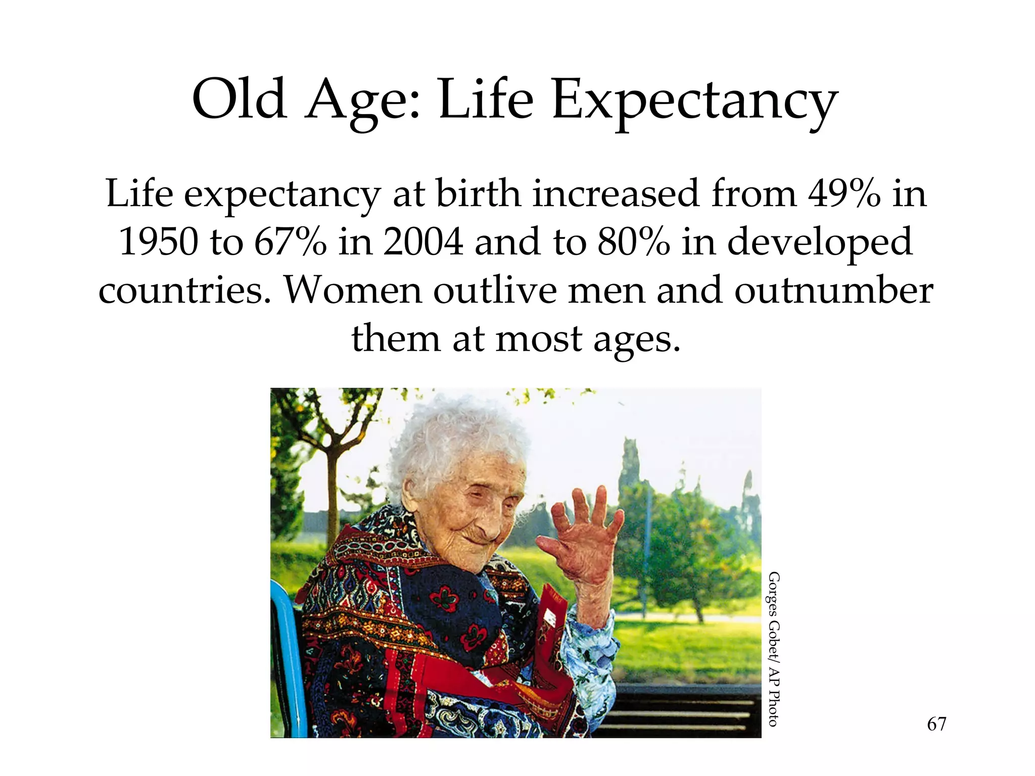Old Age: Life Expectancy Life expectancy at birth increased from 49% in 1950 to 67% in 2004 and to 80% in developed countries. Women outlive men and outnumber them at most ages. Gorges Gobet/ AP Photo 