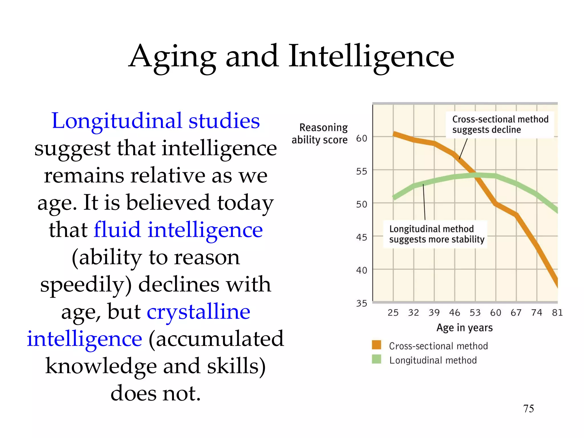 Aging and Intelligence Longitudinal   studies  suggest that intelligence remains relative as we age. It is believed today that  fluid intelligence  (ability to reason speedily) declines with age, but  crystalline intelligence  (accumulated knowledge and skills) does not. 