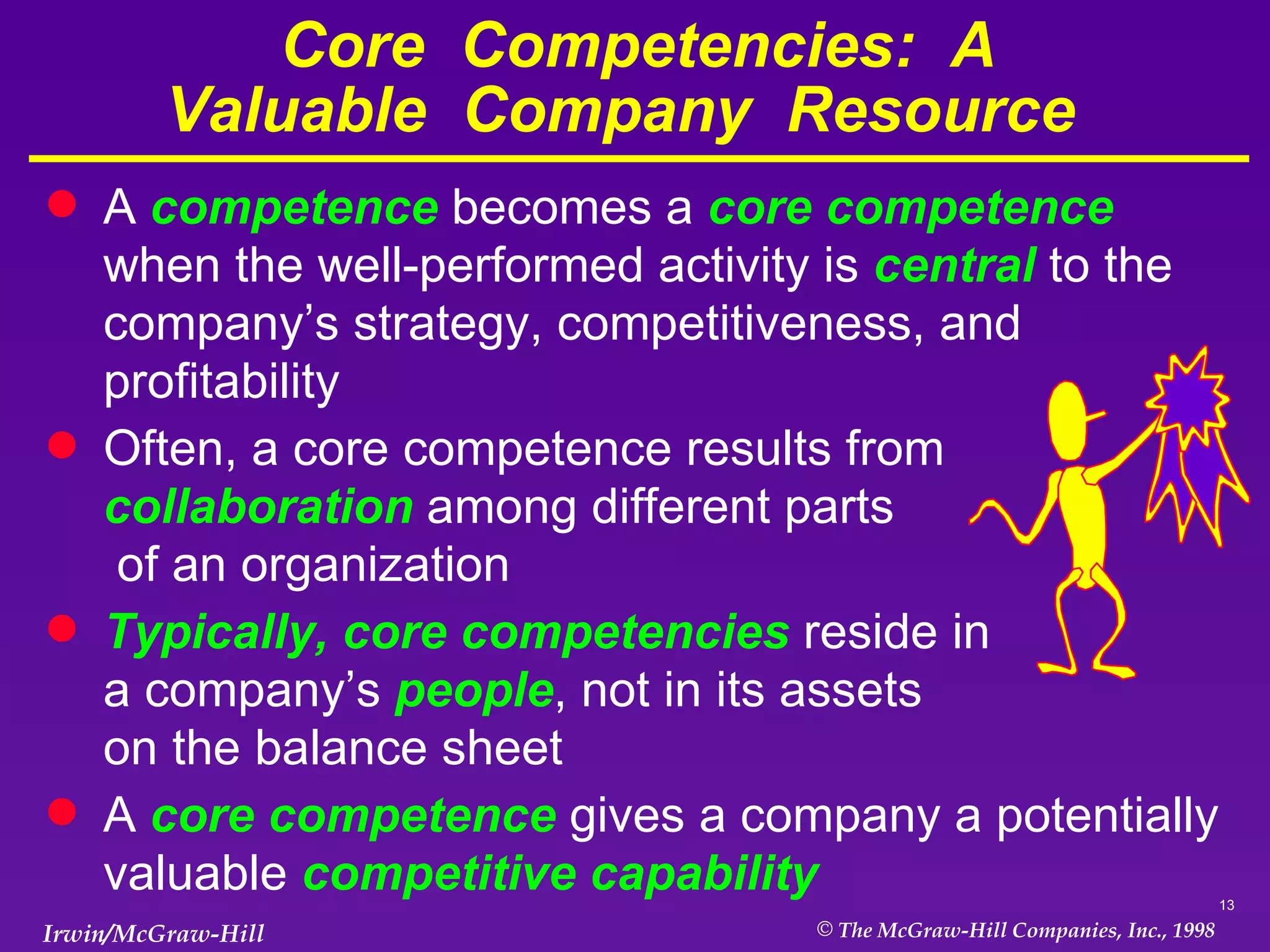 Core  Competencies:  A Valuable  Company  Resource  A  competence  becomes a  core competence  when the well-performed activity is  central  to the company’s strategy, competitiveness, and profitability Often, a   core competence results from  collaboration  among different parts  of an organization Typically, core competencies  reside in  a company’s  people , not in its assets on the balance sheet A  core competence  gives a company a potentially valuable  competitive capability  
