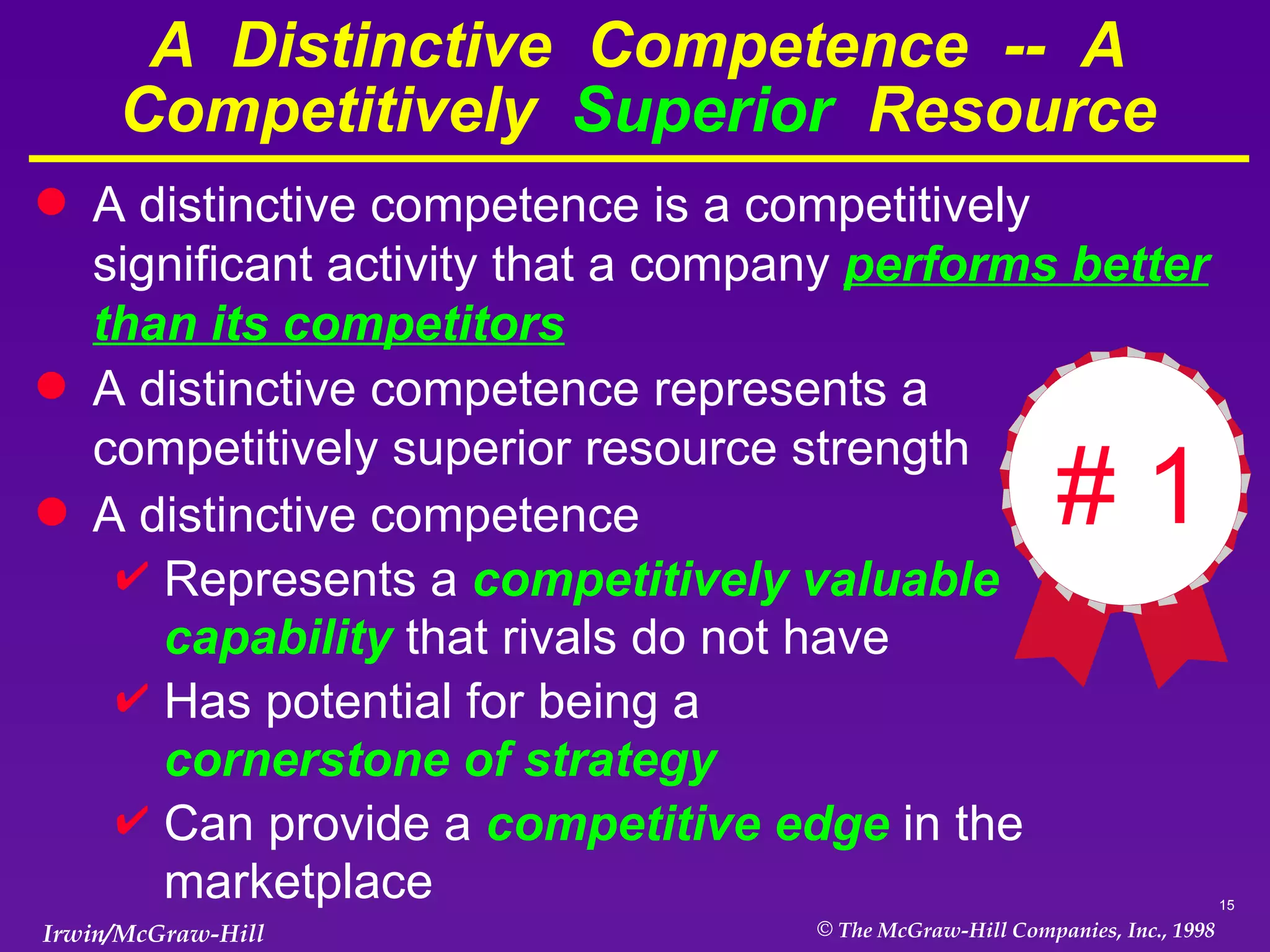 A  Distinctive  Competence  --  A Competitively  Superior   Resource A distinctive competence is a competitively significant activity that a company  performs better than its competitors A distinctive competence represents a competitively superior resource strength A distinctive competence  Represents a  competitively   valuable  capability  that rivals do not have   Has potential for being a  cornerstone of strategy Can provide a  competitive edge  in the marketplace # 1 