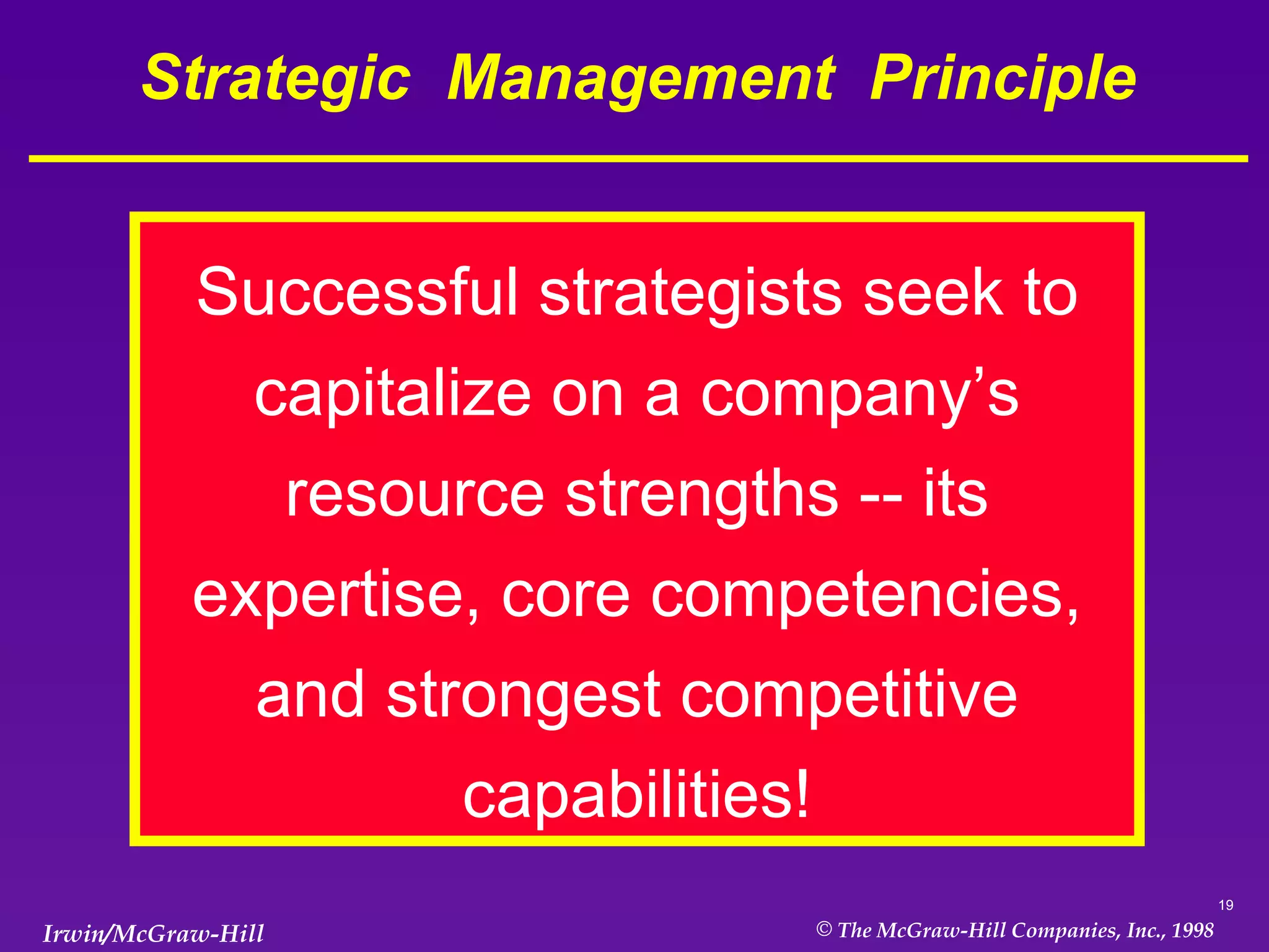 Strategic  Management  Principle Successful strategists seek to capitalize on a company’s resource strengths -- its expertise, core competencies, and strongest competitive capabilities! 