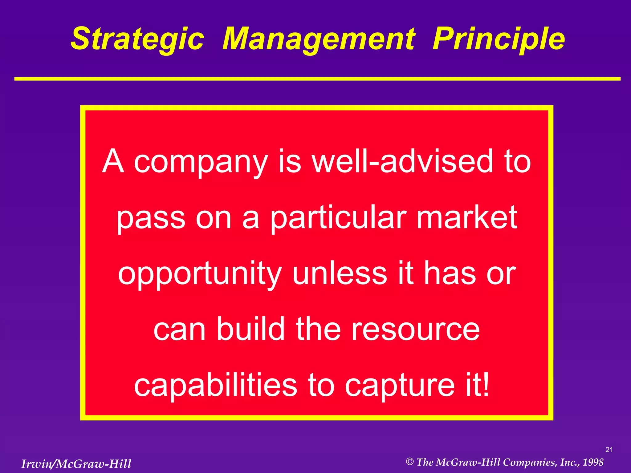 Strategic  Management  Principle A company is well-advised to pass on a particular market opportunity unless it has or can build the resource capabilities to capture it!  