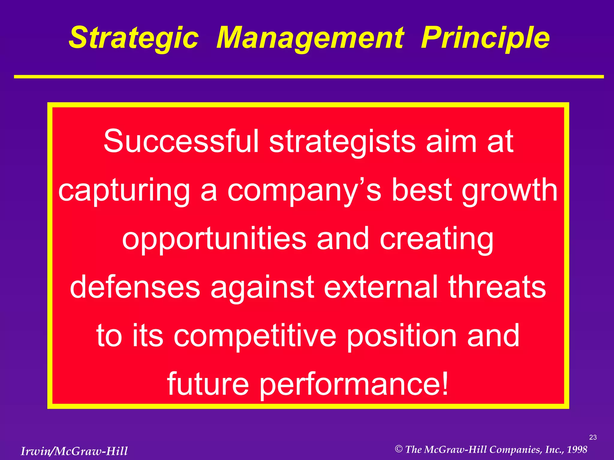 Strategic  Management  Principle Successful strategists aim at capturing a company’s best growth opportunities and creating defenses against external threats to its competitive position and future performance! 
