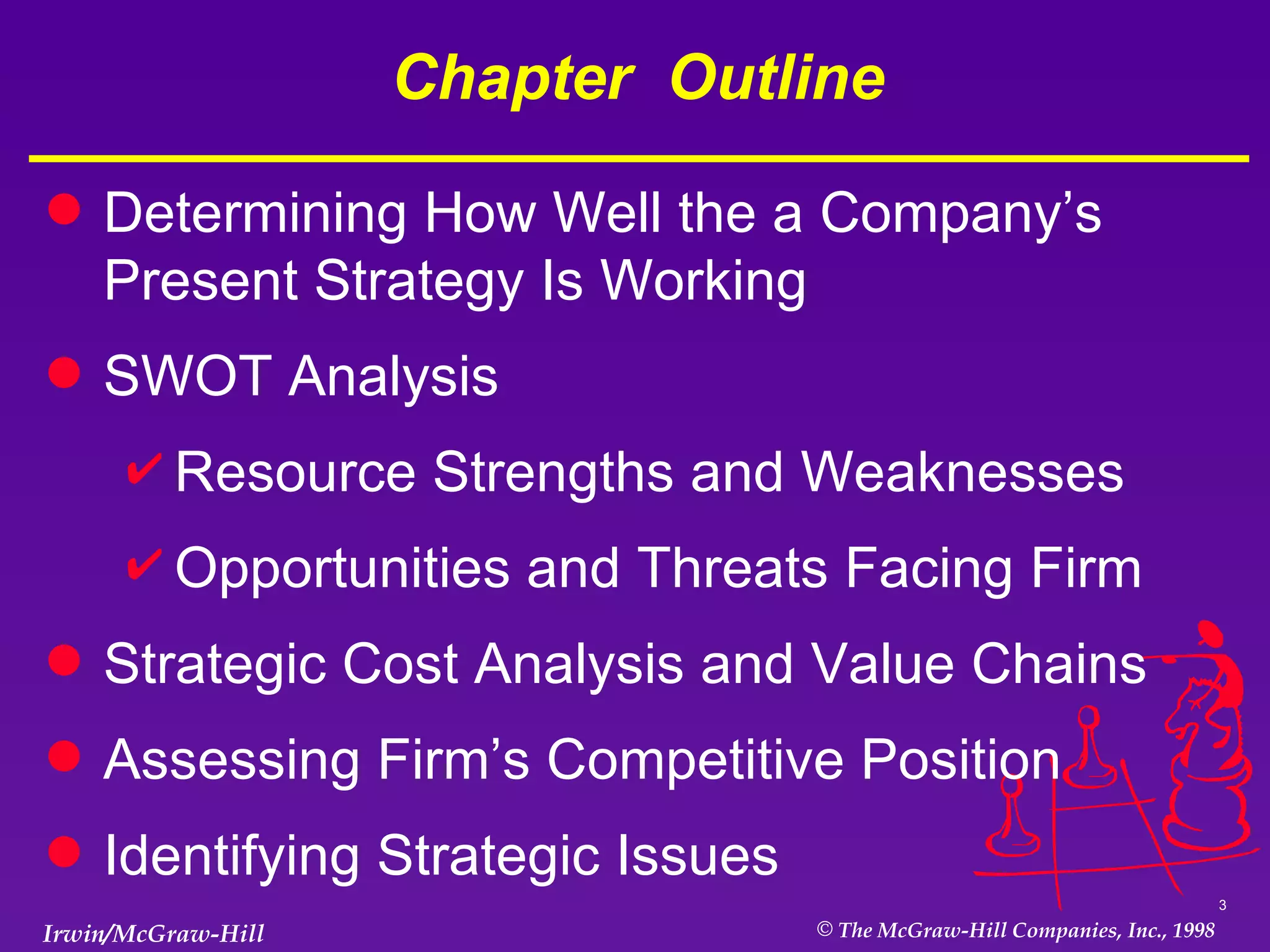 Chapter  Outline Determining How Well the a Company’s Present Strategy Is Working SWOT Analysis Resource Strengths and Weaknesses  Opportunities and Threats Facing Firm Strategic Cost Analysis and Value Chains Assessing Firm’s Competitive Position Identifying Strategic Issues 