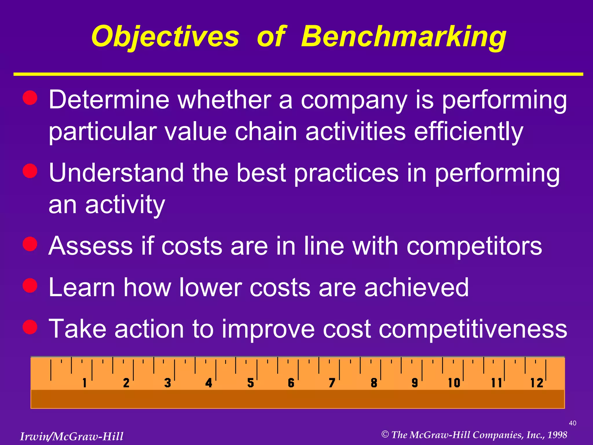 Objectives  of  Benchmarking Determine whether a company is performing particular value chain activities efficiently Understand the best practices in performing an activity  Assess if costs are in line with competitors  Learn how lower costs are achieved Take action to improve cost competitiveness 