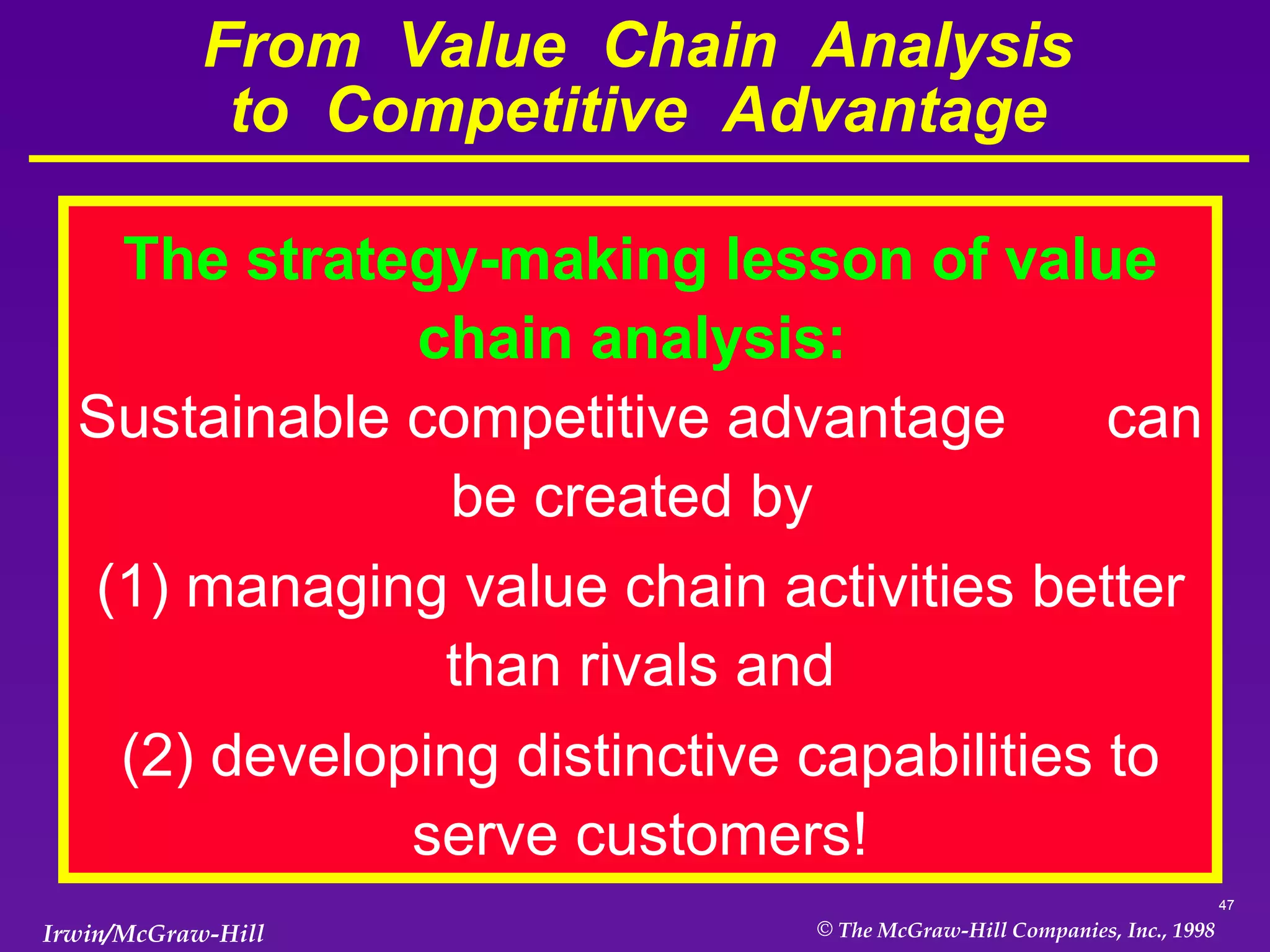 From  Value  Chain  Analysis to  Competitive  Advantage The strategy-making lesson of value chain analysis:   Sustainable competitive advantage  can be created by  (1) managing value chain activities better than rivals and (2) developing distinctive capabilities to serve customers! 