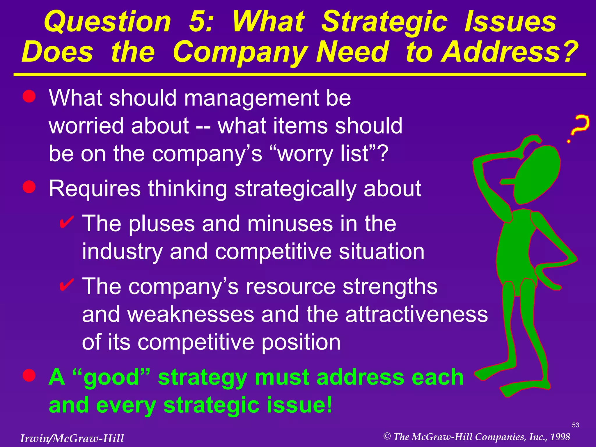 Question  5:  What  Strategic  Issues Does  the  Company Need  to Address?  What should management be worried about -- what items should be on the company’s “worry list”? Requires thinking strategically about The pluses and minuses in the  industry and competitive situation The company’s resource strengths  and weaknesses and the attractiveness  of its competitive position A “good” strategy must address each and every strategic issue! 