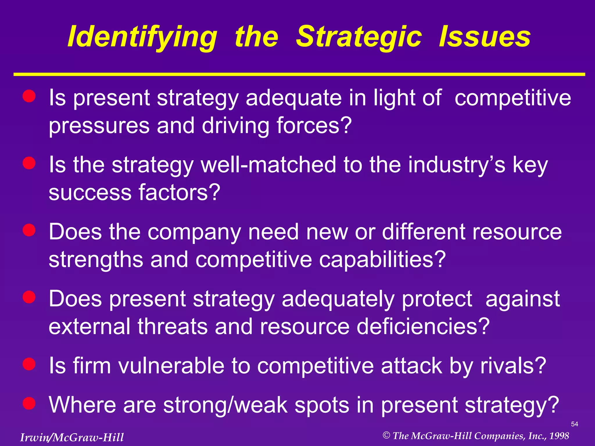 Identifying  the  Strategic  Issues Is present strategy adequate in light of  competitive pressures and driving forces? Is the strategy well-matched to the industry’s key success factors?  Does the company need new or different resource strengths and competitive capabilities? Does present strategy adequately protect  against external threats and resource deficiencies? Is firm vulnerable to competitive attack by rivals? Where are strong/weak spots in present strategy? 