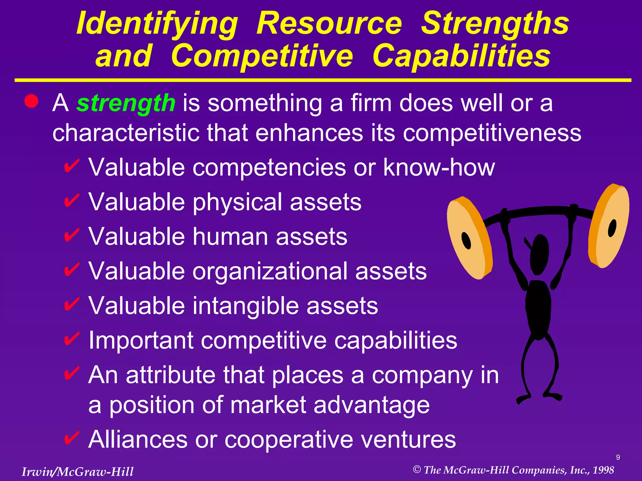 Identifying  Resource  Strengths and  Competitive  Capabilities A  strength  is something a firm does well or a characteristic that enhances its competitiveness Valuable competencies or know-how Valuable physical assets Valuable human assets Valuable organizational assets Valuable intangible assets Important competitive capabilities An attribute that places a company in  a position of market advantage Alliances or cooperative ventures 