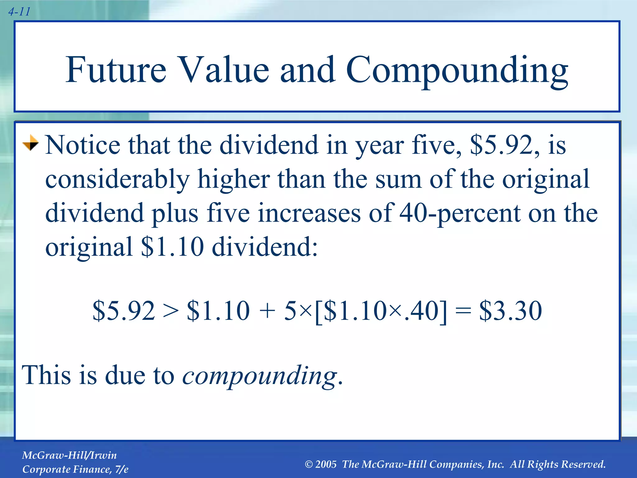 Future Value and Compounding Notice that the dividend in year five, $5.92, is considerably higher than the sum of the original dividend plus five increases of 40-percent on the original $1.10 dividend: $5.92 > $1.10  +  5×[$1.10×.40] = $3.30 This is due to  compounding . 