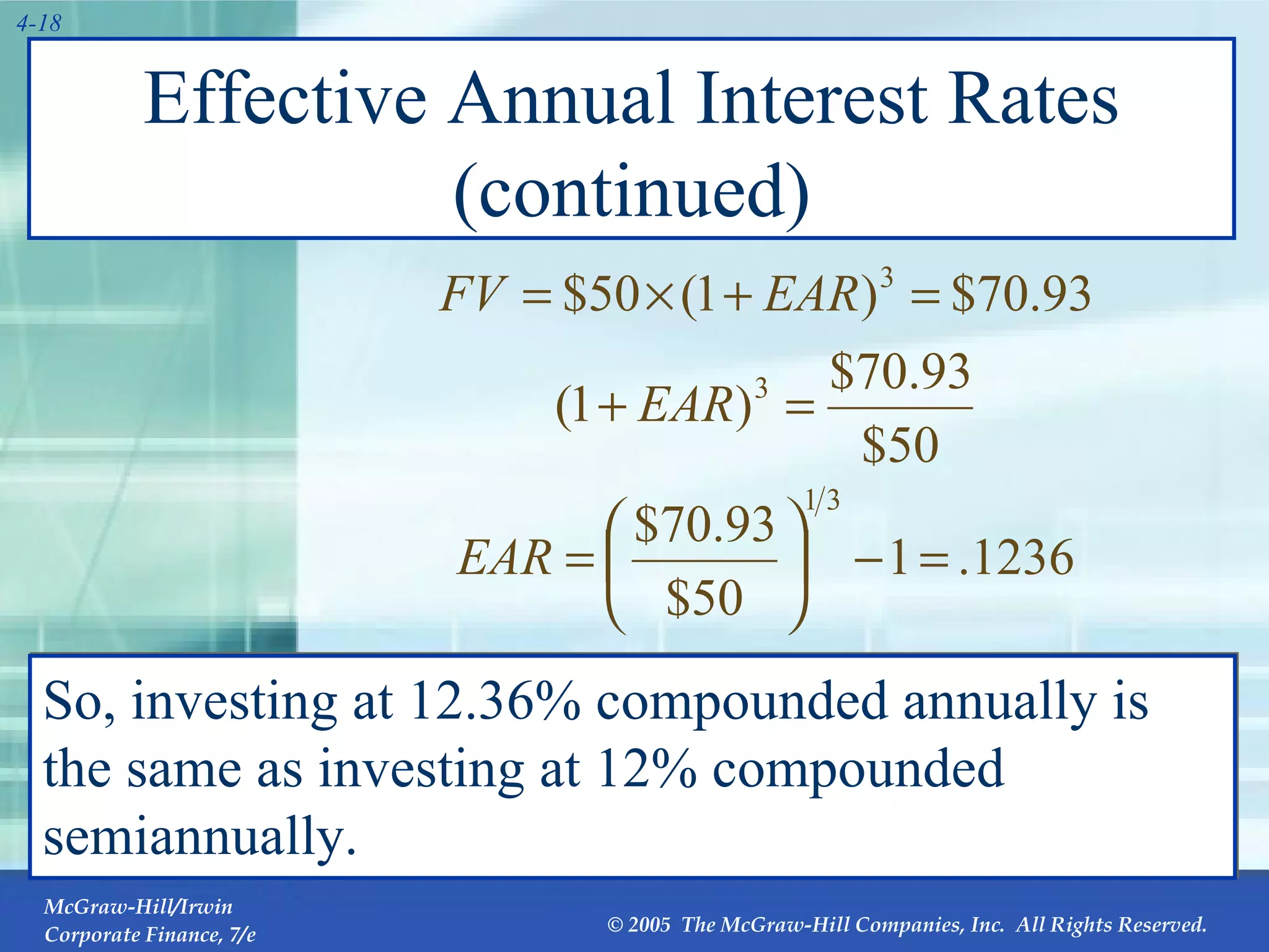 Effective Annual Interest Rates (continued) So, investing at 12.36% compounded annually is the same as investing at 12% compounded semiannually. 