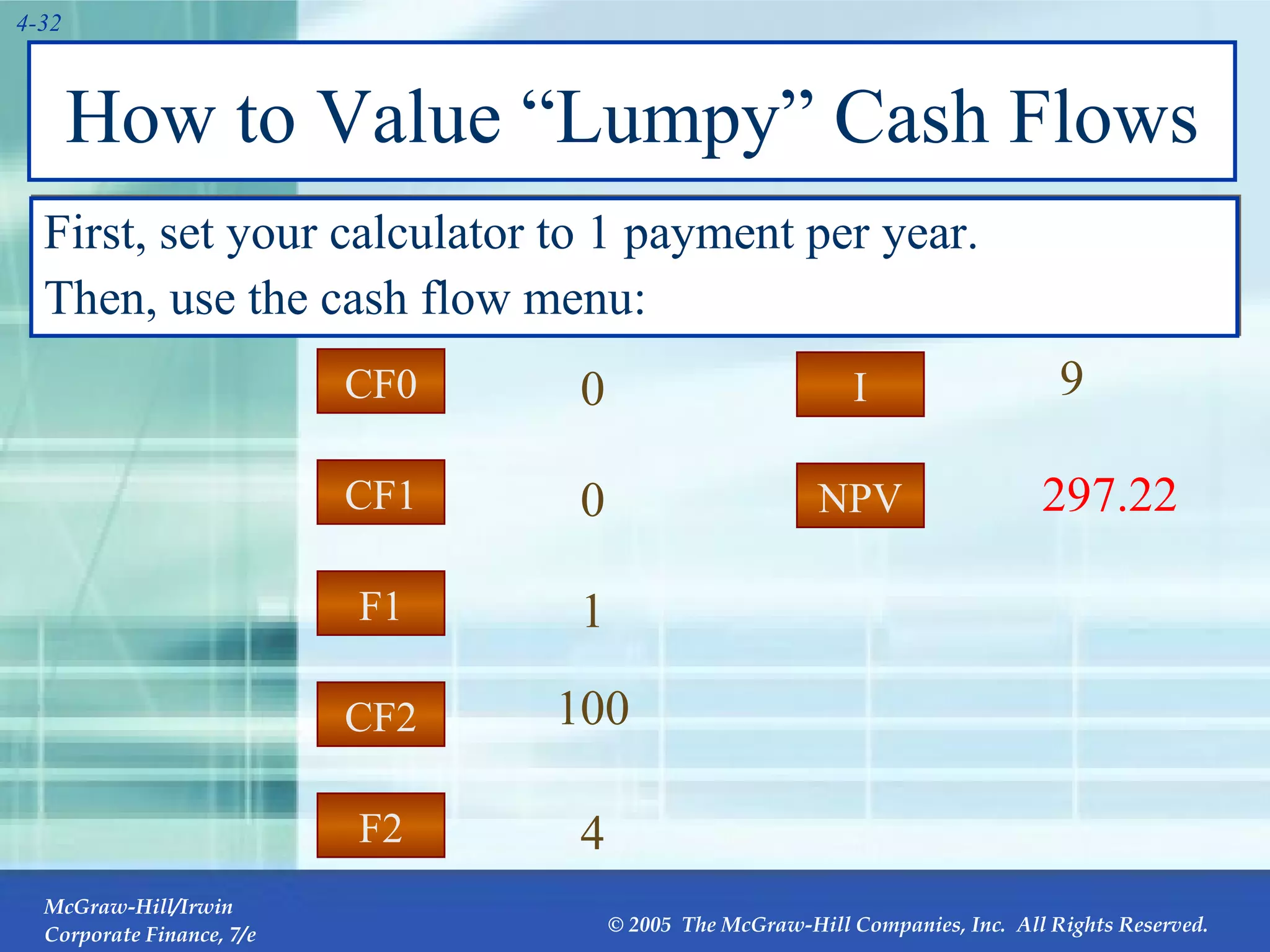 How to Value “Lumpy” Cash Flows First, set your calculator to 1 payment per year. Then, use the cash flow menu: CF2 CF1 F2 F1 CF0 1 0 4 297.22 0 100 I NPV 9 