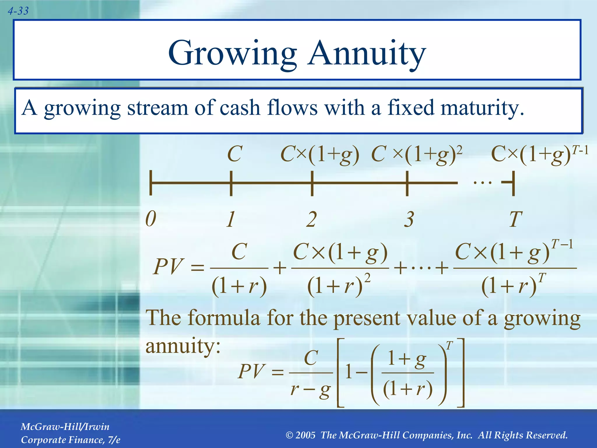 Growing Annuity A growing stream of cash flows with a fixed maturity. The formula for the present value of a growing annuity: 0 1 C 2 C ×(1+ g ) 3 C  ×(1+ g ) 2 T  C ×(1+ g ) T -1 