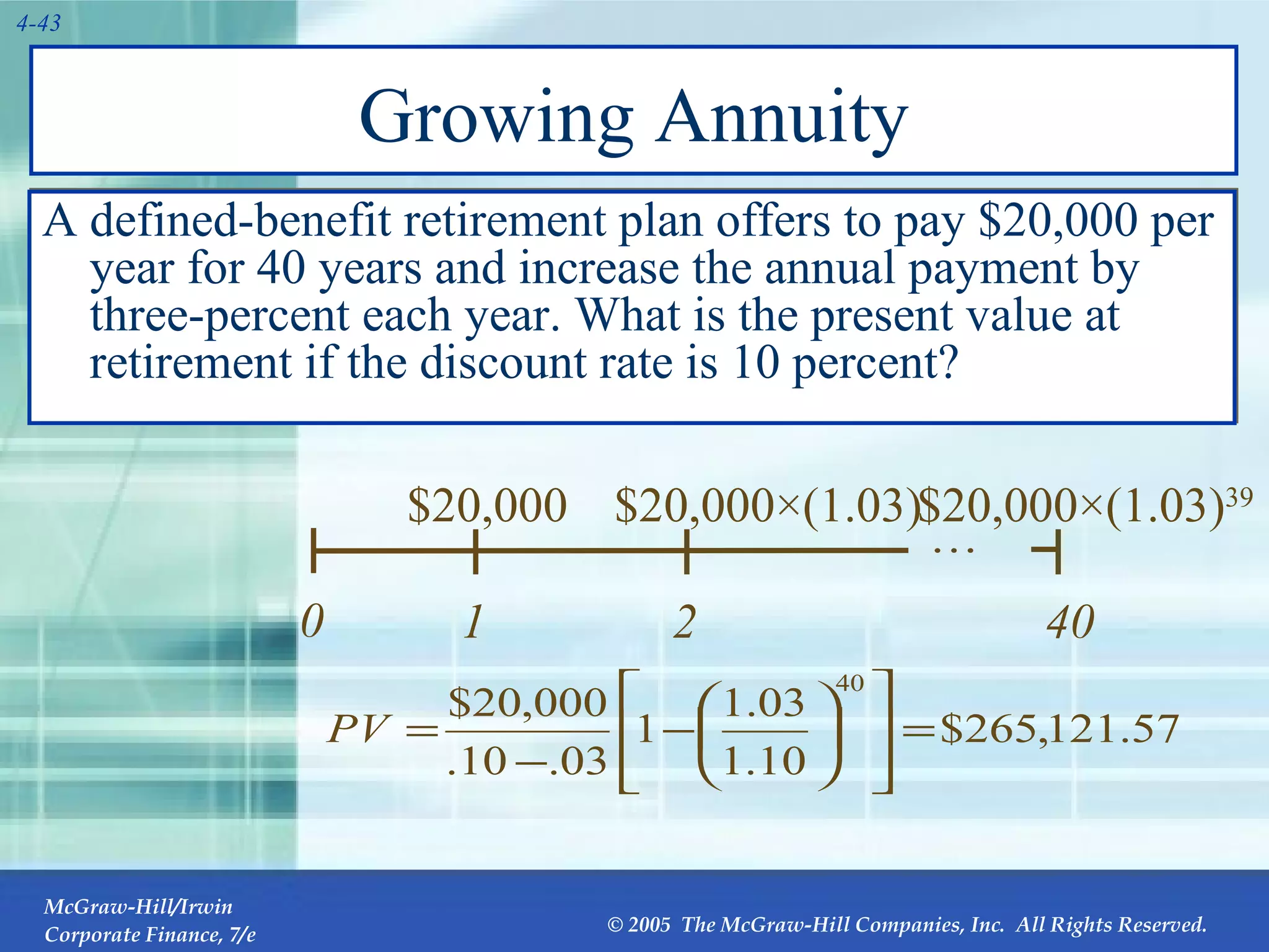 Growing Annuity A defined-benefit retirement plan offers to pay $20,000 per year for 40 years and increase the annual payment by three-percent each year. What is the present value at retirement if the discount rate is 10 percent? 0 1 $20,000 2 $20,000 ×(1.03) 40  $20,000 ×(1.03) 39 