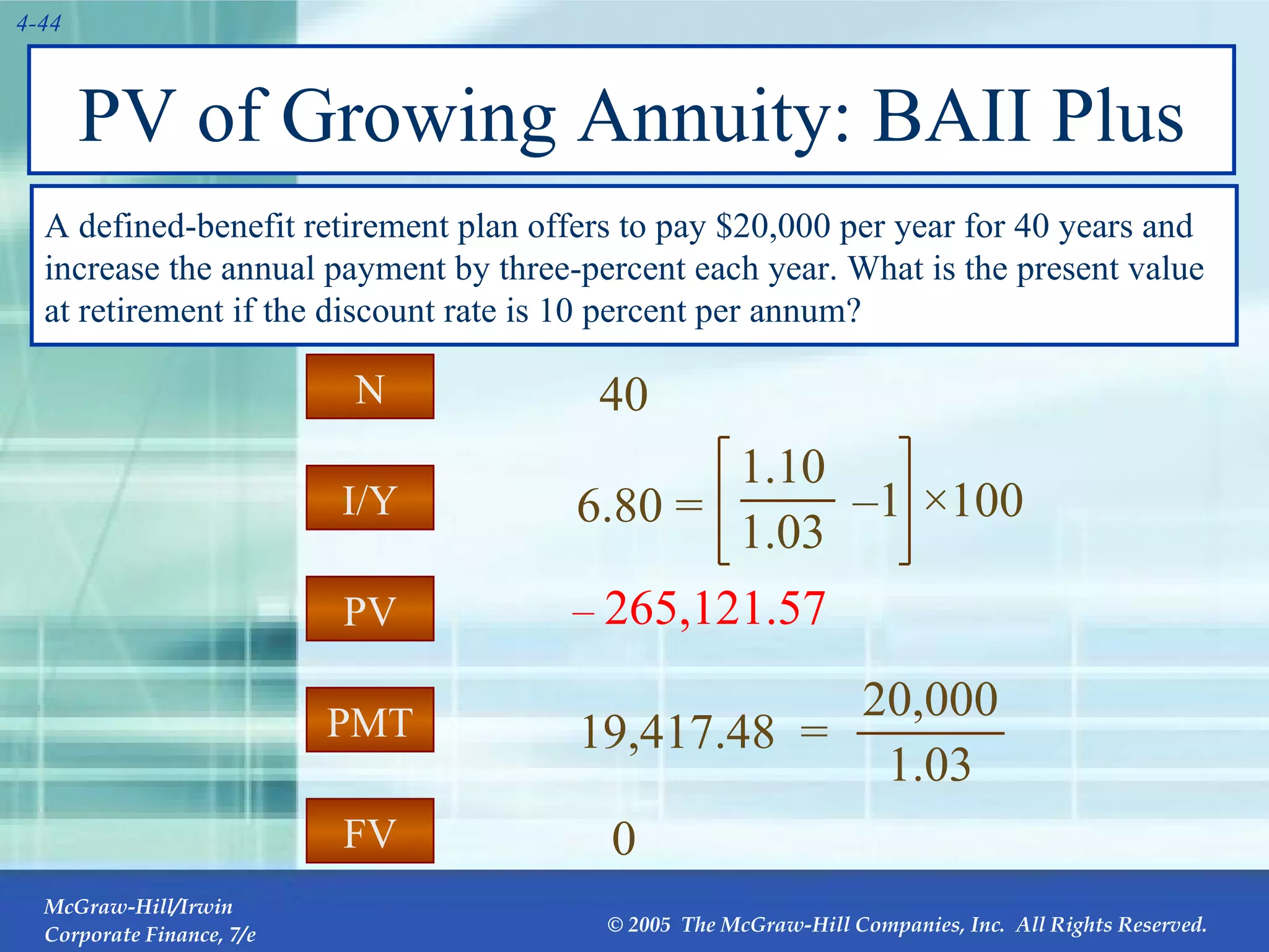 PV of Growing Annuity: BAII Plus PMT I/Y FV PV N 19,417.48  = 6.80 = 0 –   265,121.57 40 PV A defined-benefit retirement plan offers to pay $20,000 per year for 40 years and increase the annual payment by three-percent each year. What is the present value at retirement if the discount rate is 10 percent per annum? 20,000 1.03 1.10 1.03 – 1 × 100 