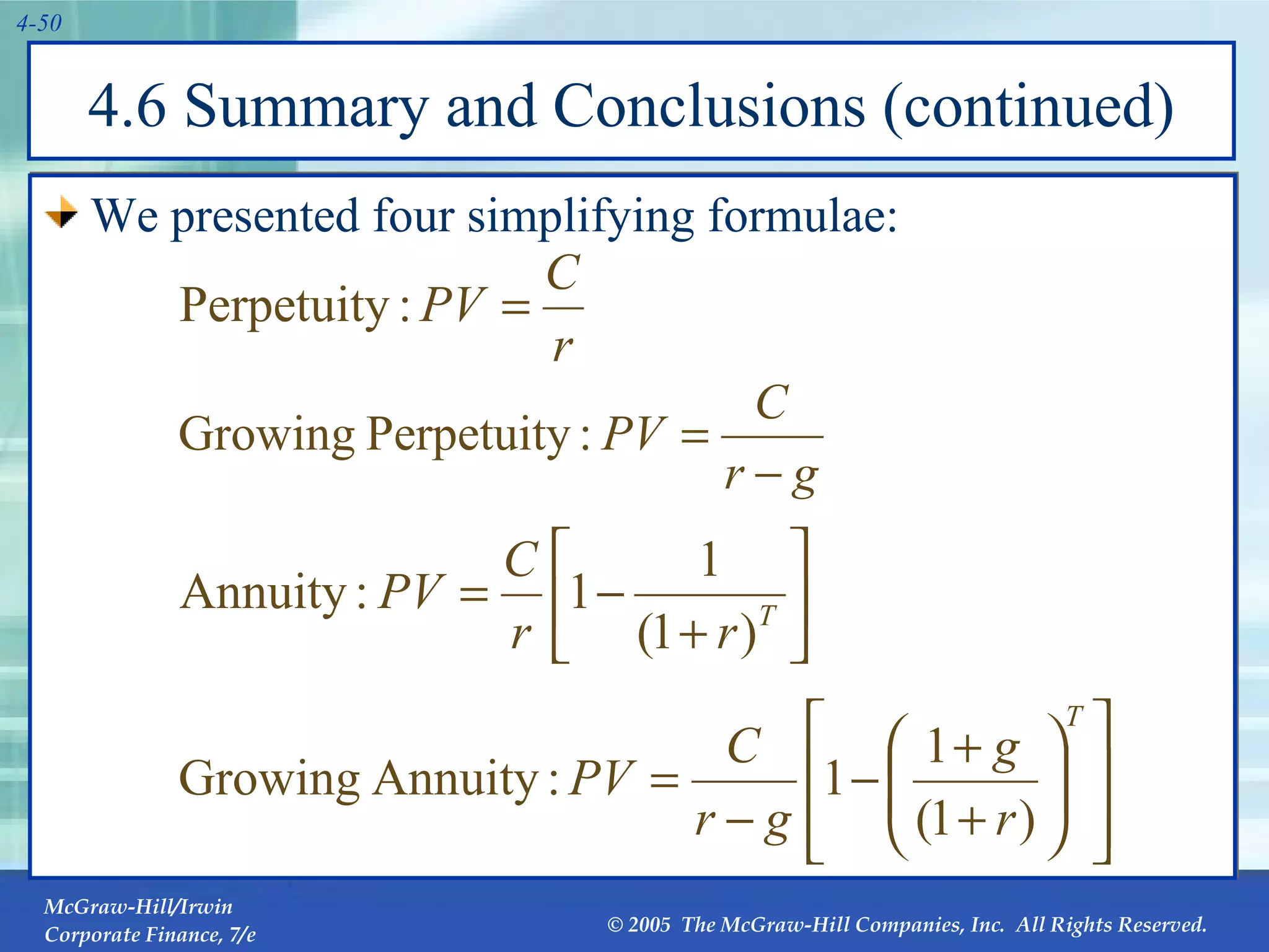 4.6 Summary and Conclusions (continued) We presented four simplifying formulae: 