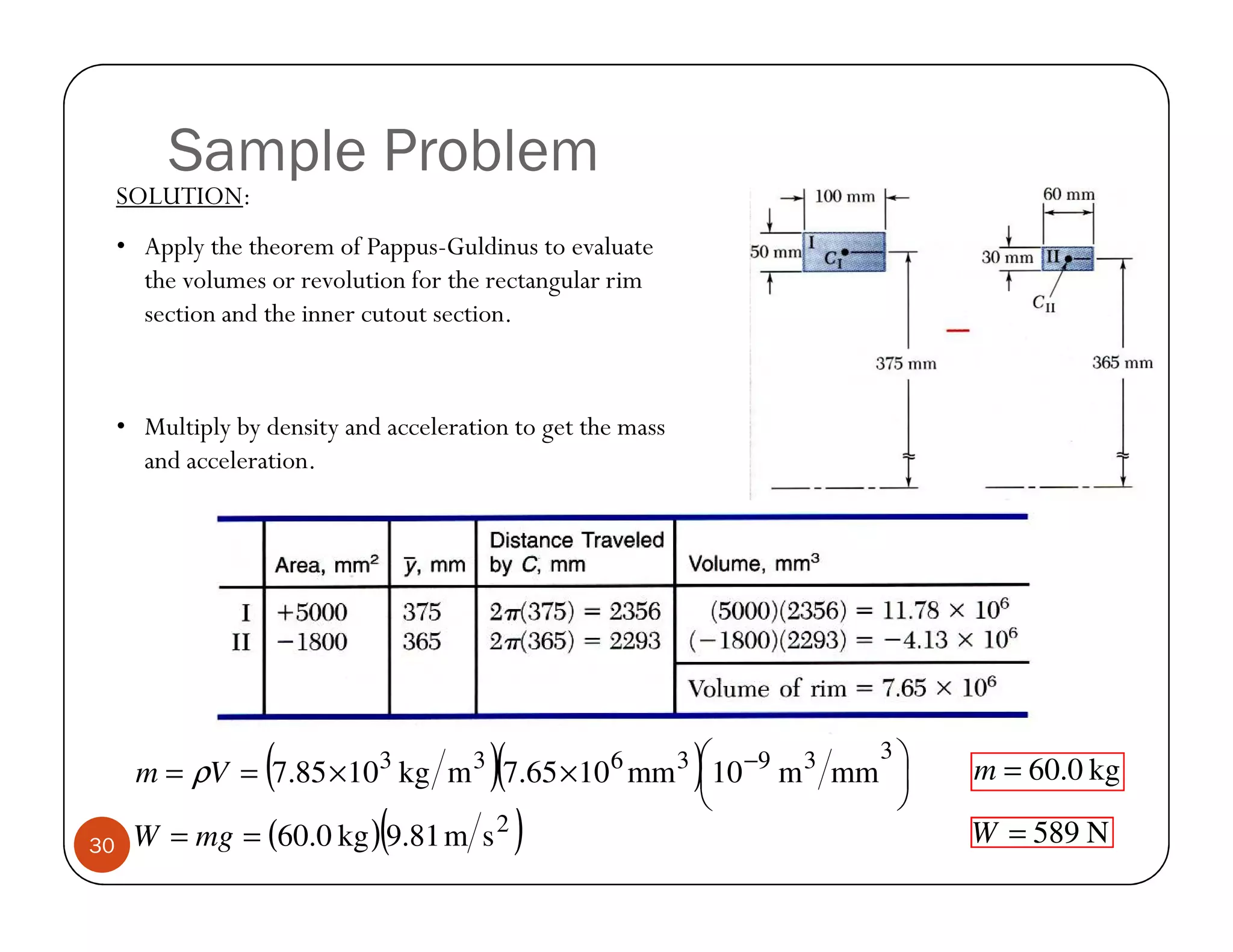 Sample Problem
     SOLUTION:
     • Apply the theorem of Pappus-Guldinus to evaluate
       the volumes or revolution for the rectangular rim
       section and the inner cutout section.



     • Multiply by density and acceleration to get the mass
       and acceleration.




                   (          3         3
                                            )(       6     −9 3
                                                              3   3
                                                                  )    m = 60.0 kg
      m = ρV = 7.85 × 10 kg m                7.65 × 10 mm 10 m mm 
                                                                  
30                            (
      W = mg = (60.0 kg ) 9.81 m s 2             )                     W = 589 N
 