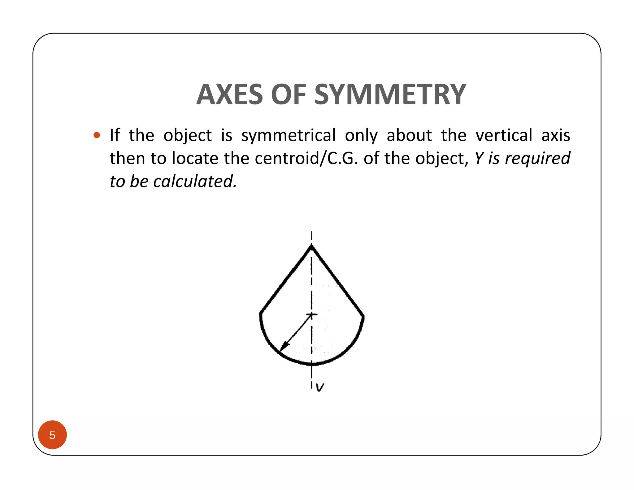 AXES OF SYMMETRY
    If the object is symmetrical only about the vertical axis
    then to locate the centroid/C.G. of the object, Y is required
    to be calculated.




5
 