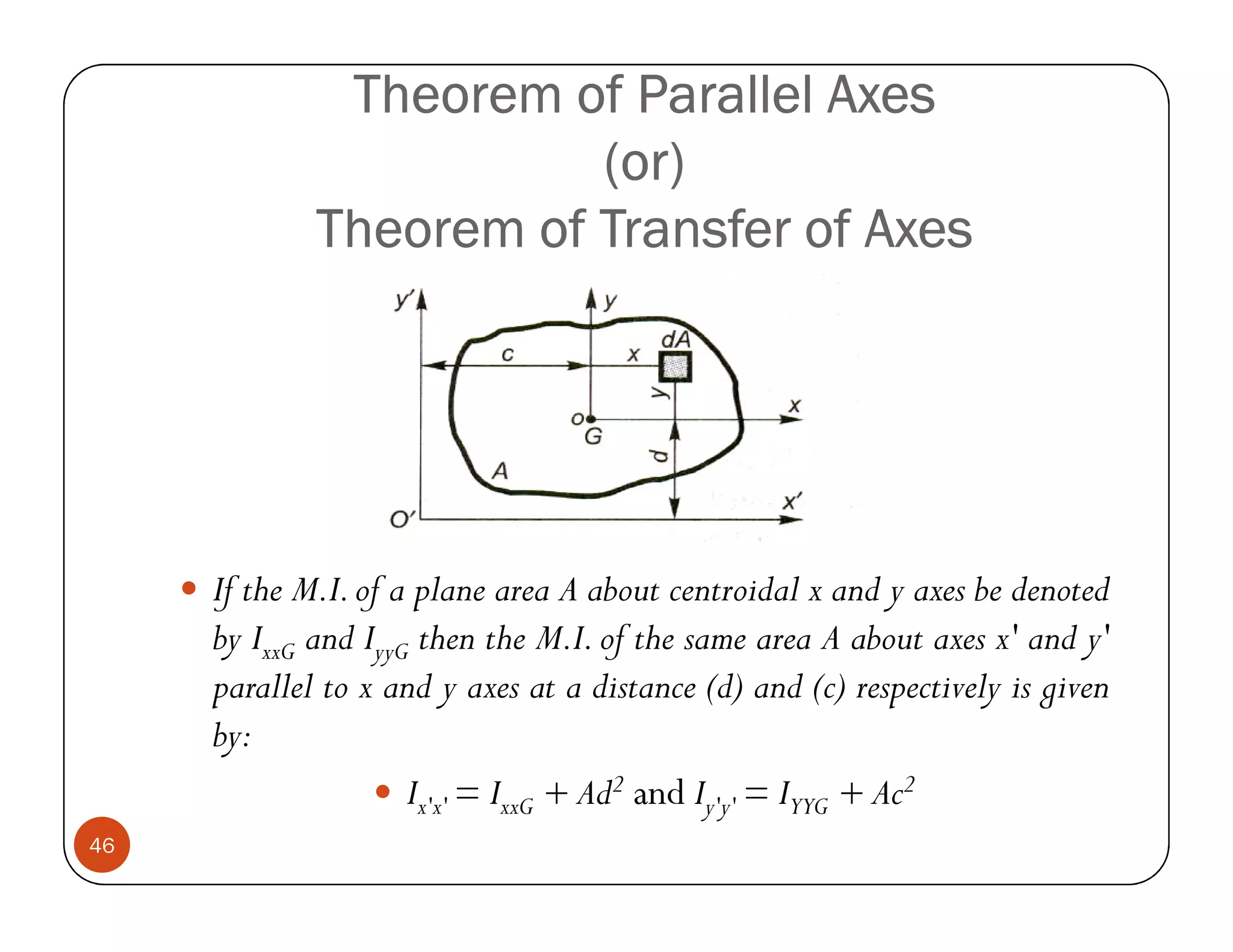 Theorem of Parallel Axes
                        (or)
             Theorem of Transfer of Axes




     If the M.I. of a plane area A about centroidal x and y axes be denoted
     by IxxG and IyyG then the M.I. of the same area A about axes x' and y'
     parallel to x and y axes at a distance (d) and (c) respectively is given
     by:
                     Ix'x' = IxxG + Ad2 and Iy'y' = IYYG + Ac2
46
 