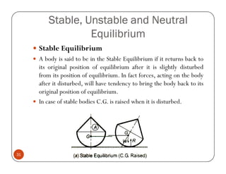 Stable, Unstable and Neutral
                 Equilibrium
     Stable Equilibrium
     A body is said to be in the Stable Equilibrium if it returns back to
     its original position of equilibrium after it is slightly disturbed
     from its position of equilibrium. In fact forces, acting on the body
     after it disturbed, will have tendency to bring the body back to its
     original position of equilibrium.
     In case of stable bodies C.G. is raised when it is disturbed.




31
 