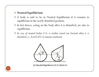 Neutral Equilibrium
     A body is said to be in Neutral Equilibrium if it remains in
     equilibrium in the newly disturbed position.
     In fact forces, acting on the body after it is disturbed, are also in
     equilibrium.
     In case of neutral bodies C.G. is neither raised nor lowered when it is
     disturbed i.e., Level of C.G remains unaltered.




32
 
