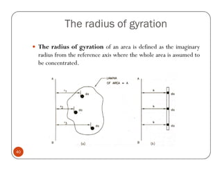 The radius of gyration
     The radius of gyration of an area is defined as the imaginary
     radius from the reference axis where the whole area is assumed to
     be concentrated.




40
 